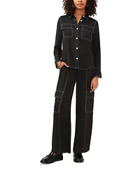 Vince Camuto Women's Contrast Stitch Button Front Collared Top