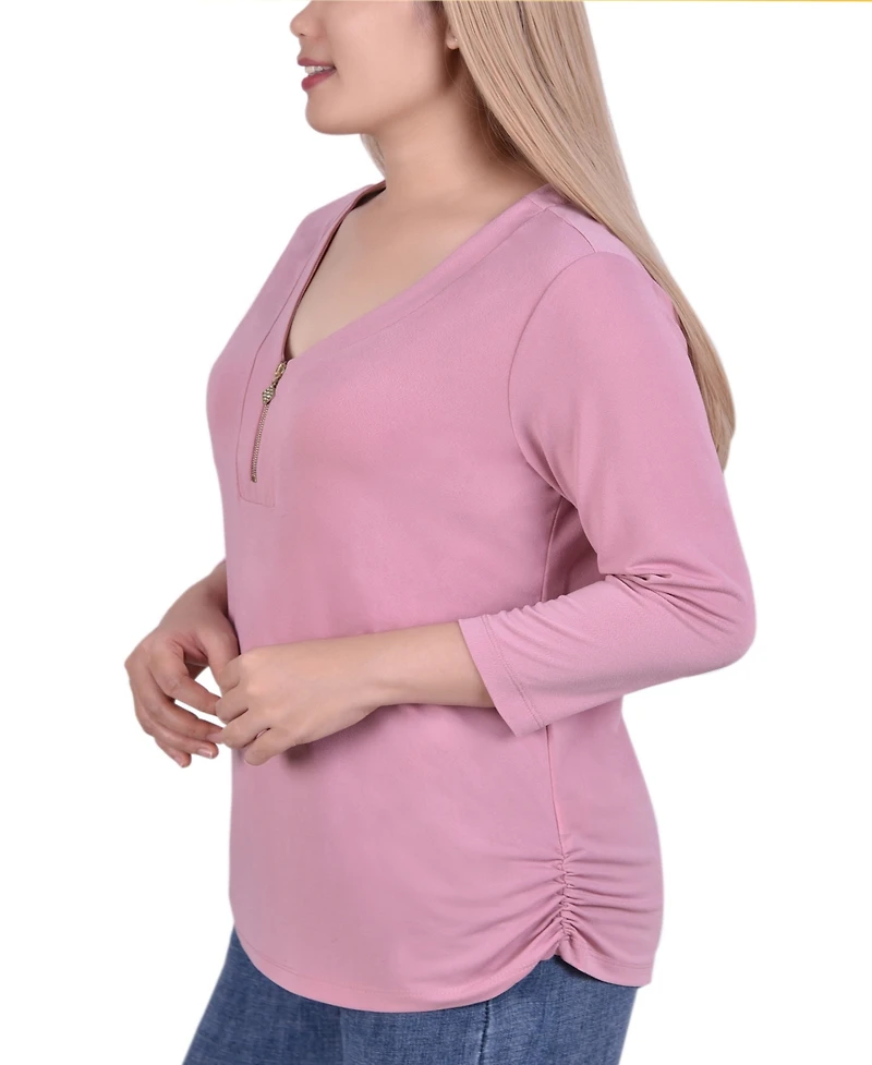Plus Size Long Sleeve Crepe Knit V-Neck Top with Zipper