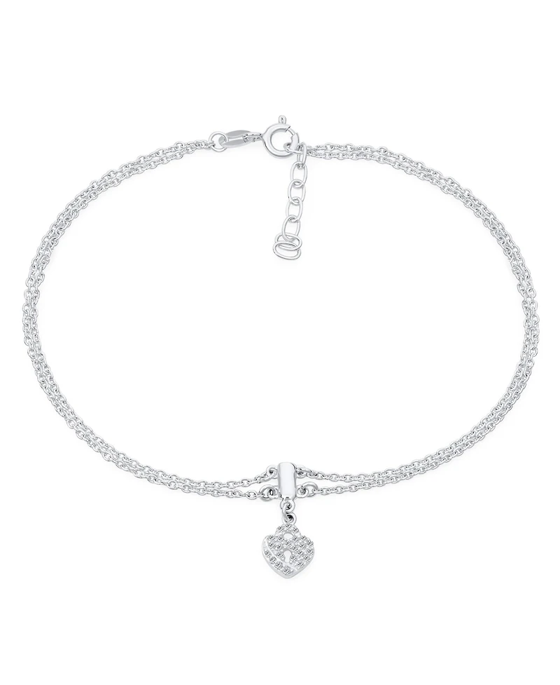 Bling Jewelry 2 In 1 Set Double Chain Pave Cz Dangle Anklet Heart Lover Lock Ankle Bracelet Sterling Silver Adjustable 9 To 10 Inch With Extender