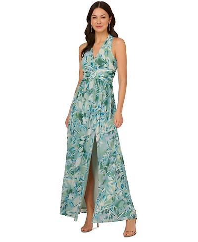 Adrianna Papell Women's Leaf-Print Chiffon Shirred Gown