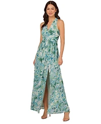 Adrianna Papell Women's Leaf-Print Chiffon Shirred Gown