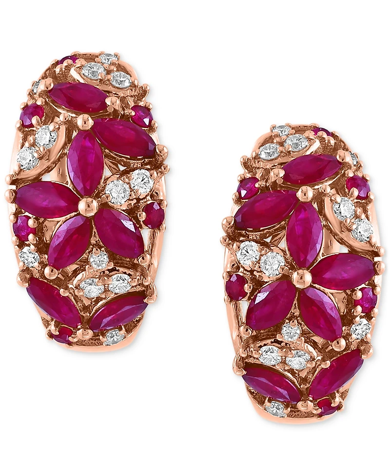 Effy Ruby (1-5/8 ct. t.w.) & Diamond (1/4 ct. t.w.) Flower Cluster Small Huggie Hoop Earrings in 14k Rose Gold, 0.625"