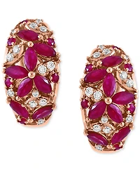 Effy Ruby (1-5/8 ct. t.w.) & Diamond (1/4 ct. t.w.) Flower Cluster Small Huggie Hoop Earrings in 14k Rose Gold, 0.625"
