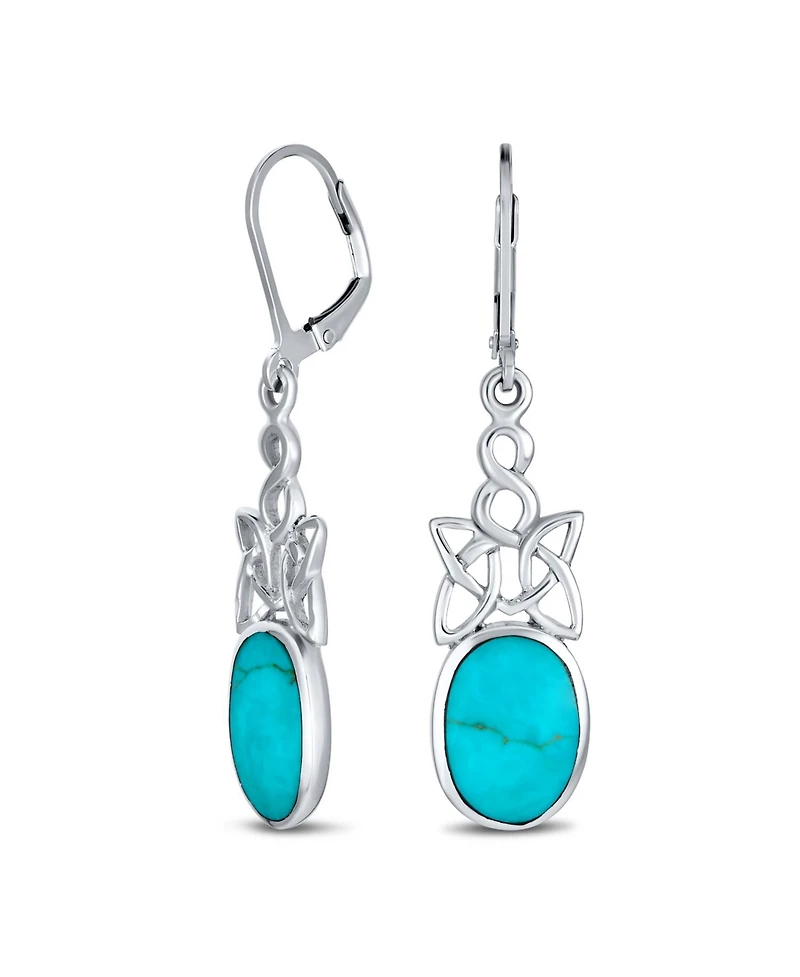 Bling Jewelry Celtic Love Knot Work Bezel Set Oval Blue Natural Turquoise Lever Back Dangle Earrings Western Style Sterling Silver