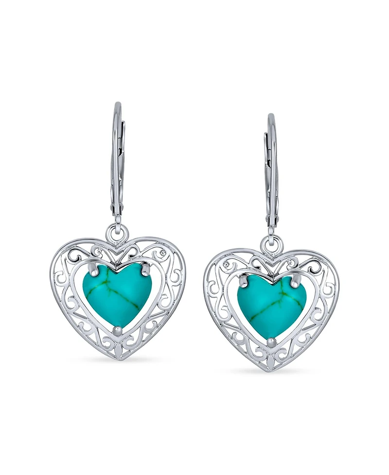 Bling Jewelry Bali Style Natural Stabilized Turquoise Heart Shape Fish Hook Drop Earrings Scroll Filigree Sterling Silver