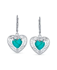 Bling Jewelry Bali Style Natural Stabilized Turquoise Heart Shape Fish Hook Drop Earrings Scroll Filigree Sterling Silver