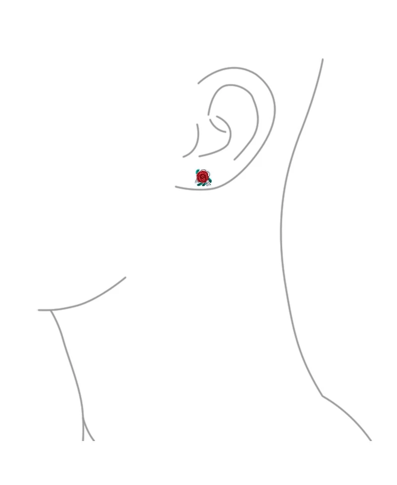 Bling Jewelry Delicate Floral Blooming Flower Cz Green Cz Leaf 3D carved Red Rose Stud Earrings Sterling Silver