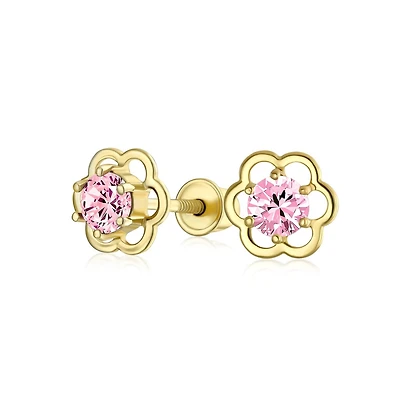 Minimalist Tiny Pink Cz Open Flower Stud Earrings Cubic Zirconia Simulated Pink Topaz 14K Real Gold Screw back