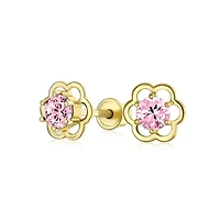 Minimalist Tiny Pink Cz Open Flower Stud Earrings Cubic Zirconia Simulated Pink Topaz 14K Real Gold Screw back