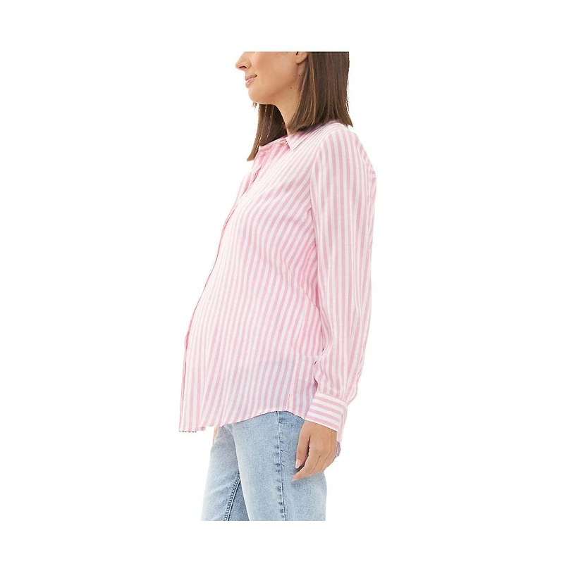 Ripe Maternity Emmy Stripe Button Up Shirt Bubble Gum/White