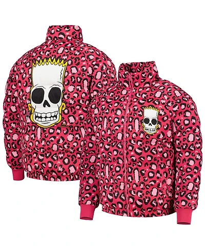 Men's Freeze Max Pink The Simpsons Bart Leopard Print Raglan Full-Zip Puffer Jacket