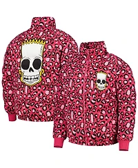 Men's Freeze Max Pink The Simpsons Bart Leopard Print Raglan Full-Zip Puffer Jacket