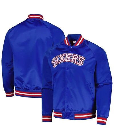 Men's Mitchell & Ness Royal Philadelphia 76ers Hardwood Classics Throwback Wordmark Raglan Full-Snap Jacket