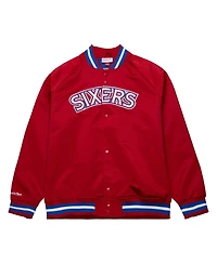 Men's Mitchell & Ness Red Philadelphia 76ers Hardwood Classics Throwback Wordmark Raglan Full-Snap Jacket