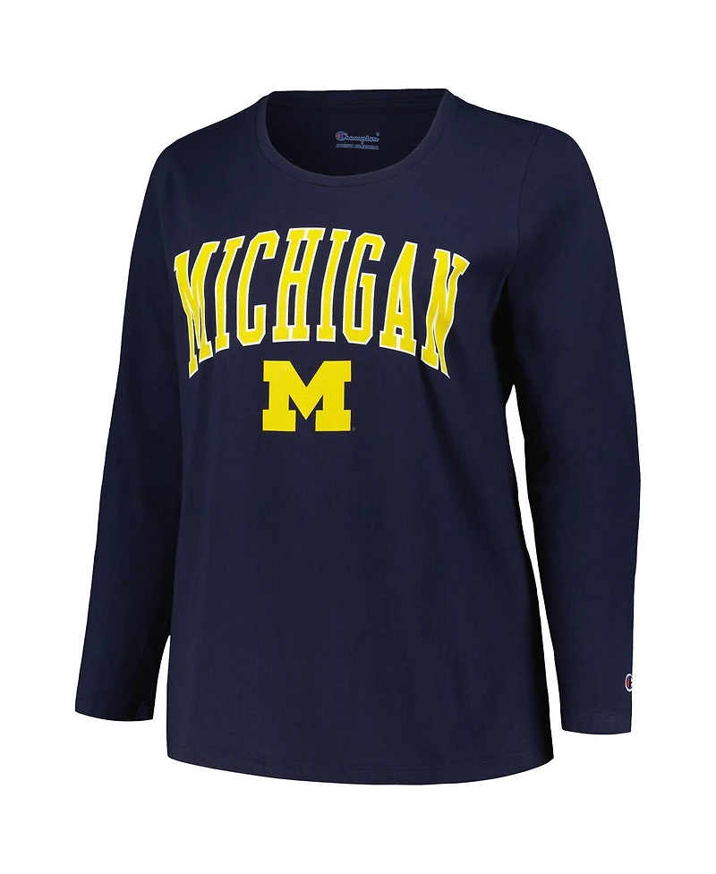 Women's Profile Navy Michigan Wolverines Plus Size Arch Over Logo Scoop Neck Long Sleeve T-shirt