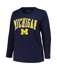 Women's Profile Navy Michigan Wolverines Plus Size Arch Over Logo Scoop Neck Long Sleeve T-shirt