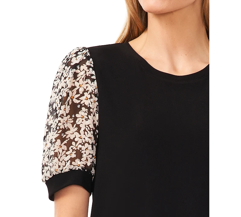 CeCe Women's Daisy Mixed Media Short Sleeve Top