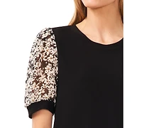 CeCe Women's Daisy Mixed Media Short Sleeve Top