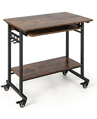 Rolling Laptop Table with Pull-out Keyboard Tray and Hooks-Rustic Brown