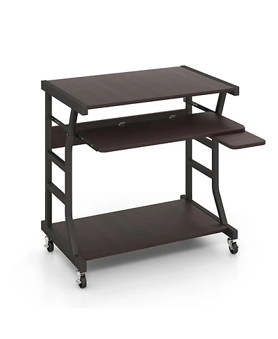Mobile Computer Desk with Keyboard Tray Mouse Tray and Shelf-Dark Brown