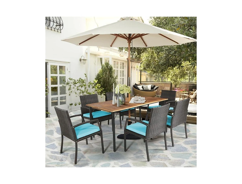 Slickblue 7 pieces Patio Rattan Cushioned Dining Set with Umbrella Hole