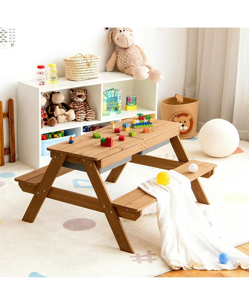 3-in-1 Kids Outdoor Picnic Water Sand Table with Umbrella Play Boxes