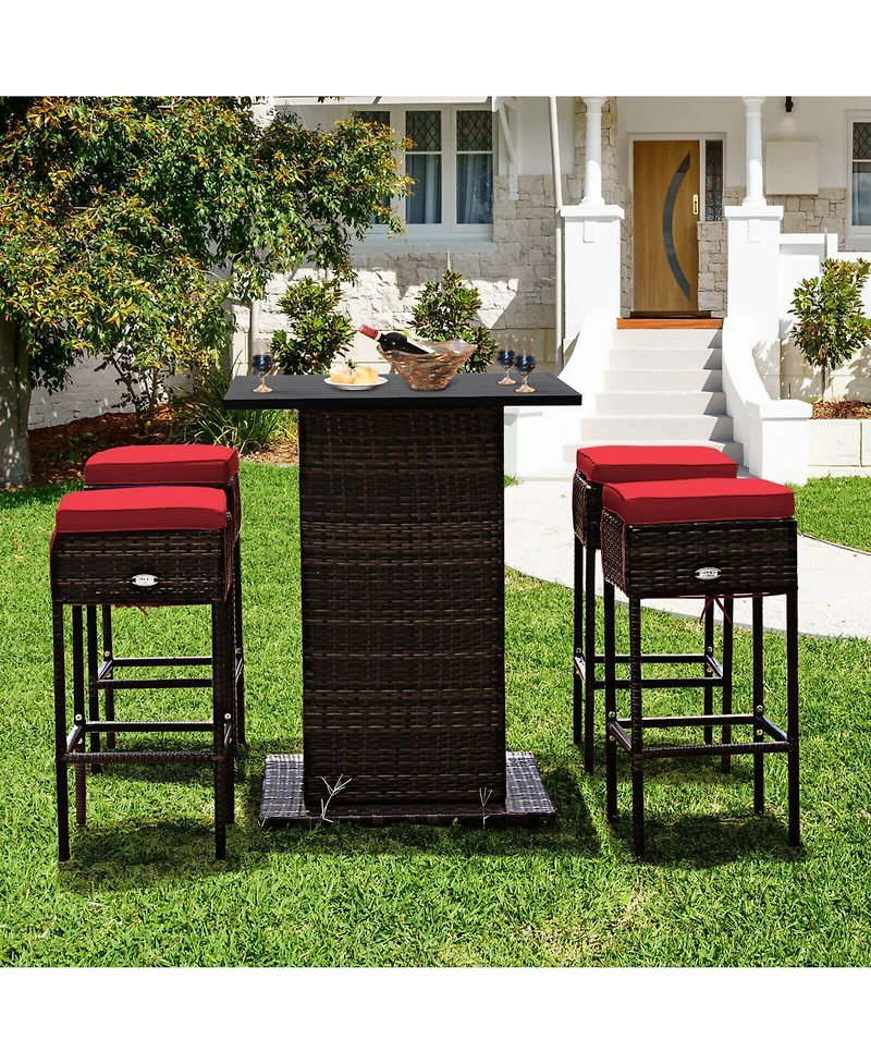 5 Pieces Patio Rattan Bar Table Stool Set Hidden Storage Shelf Cushioned