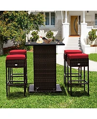 5 Pieces Patio Rattan Bar Table Stool Set Hidden Storage Shelf Cushioned