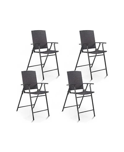 Set of 4 Folding Rattan Bar Chairs with Footrests and Armrests for Outdoors and Indoors