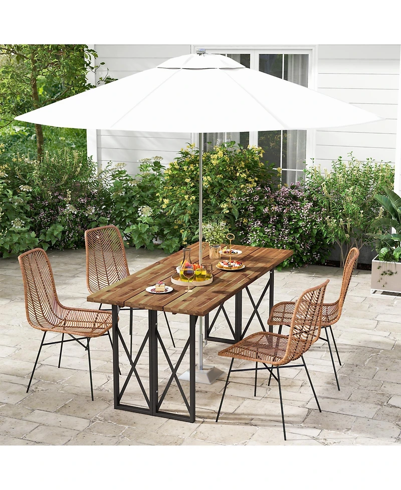 67 Inch Patio Rectangle Acacia Wood Dining Table with Umbrella Hole
