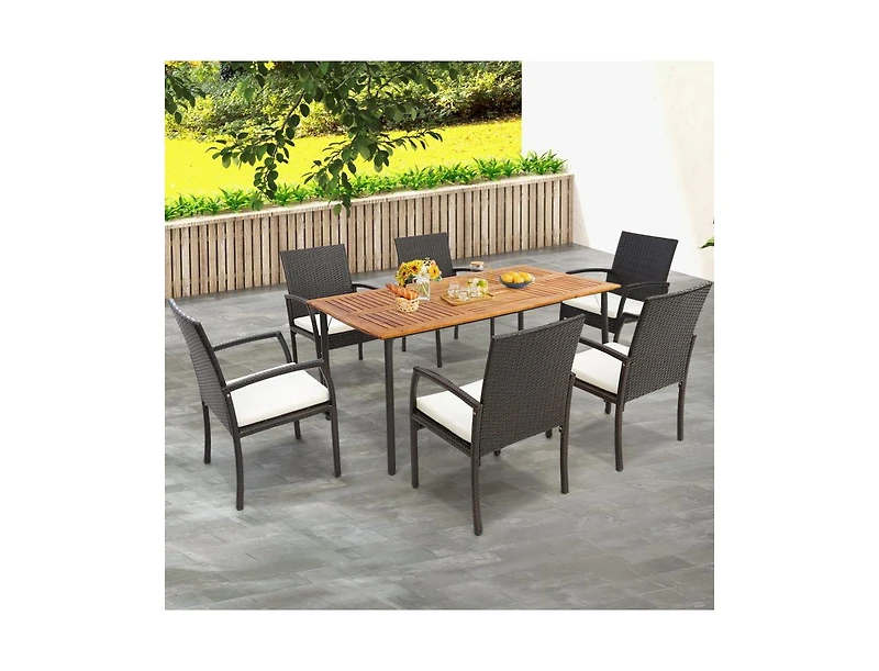 Patio Acacia Wood Dining Table with Umbrella Hole and Metal Legs