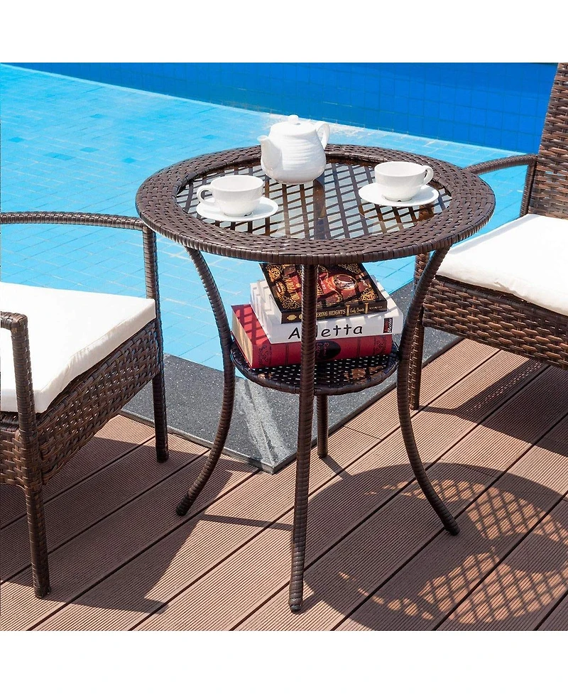 Round Rattan Wicker Coffee Table with Lower Shelf