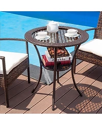 Round Rattan Wicker Coffee Table with Lower Shelf