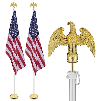 2 Pack 8 Ft Sectional Indoor Flag Pole Set Base Eagle Aluminum 3x5Ft Us Flag