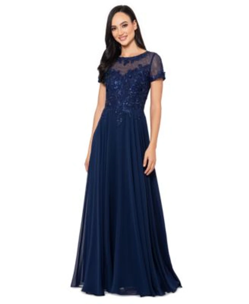 Xscape Womens Boat Neck Sequin Mesh Gown