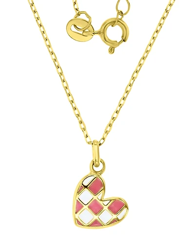 Enamel Heart Checkerboard Pattern Pendant Necklace 14k Gold-Plated Sterling Silver, 13" + 2" extender