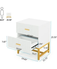 Tribesigns 2-Drawer Nightstand, White Gold Night Stands Bed Side Table with Storage Large, Wood Metal Nightstands Bedroom Organizer, Striped
