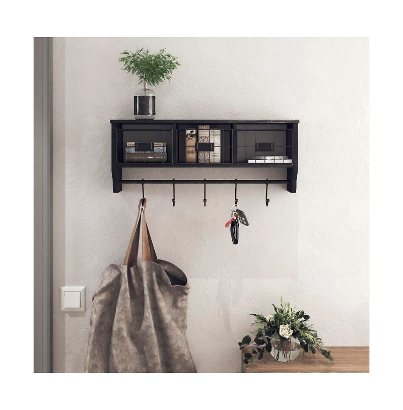 Rustic Coat Rack Wall Mounted Shelf With Hooks & Baskets, Entryway Organizer 5 And Cubbies