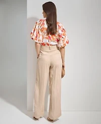 Dkny Womens Printed Scoop Neck Short Puff Sleeve Top Drapey Organza Belted Wide Leg Pants