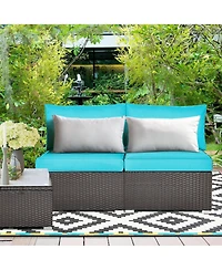 2 Pieces Patio Rattan Armless Sofa Set with Cushions and Pillows