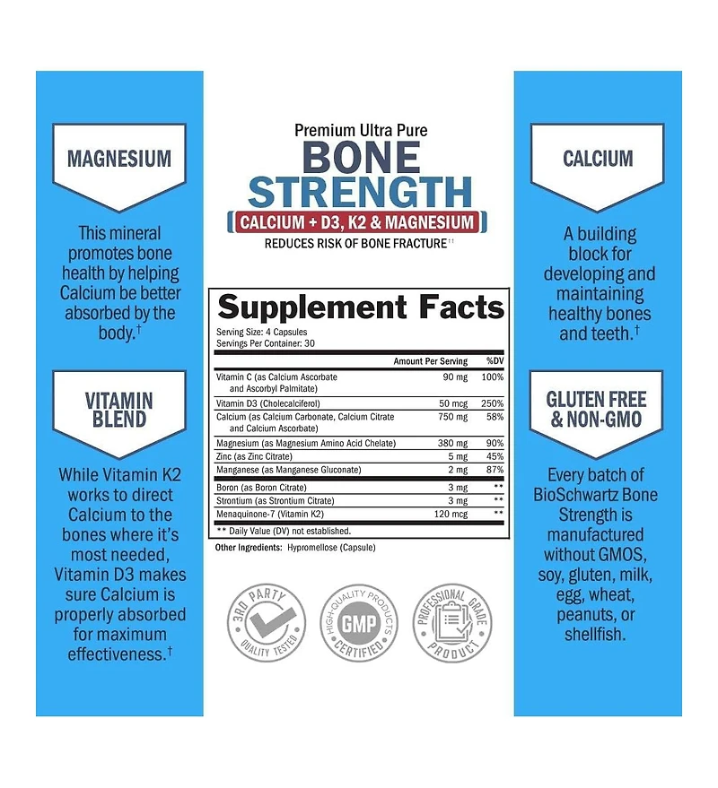 Bone Strength Supplement with Calcium + D3, K2 & Magnesium 120ct