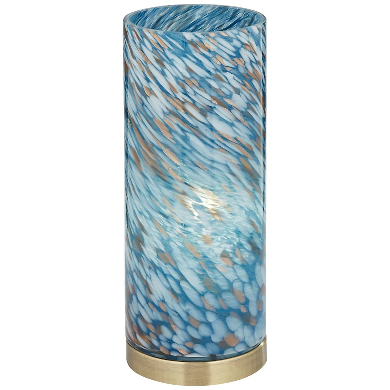 360 Lighting Modern Coastal Accent Table Lamp 13 1/2" High Brass Blue Art Glass Cylinder Shade for Bedroom Living Room Nightstand