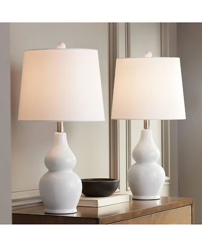 360 Lighting Jane Modern Table Lamps 25" High Set of 2 White Ceramic Fabric Drum Shade for Bedroom Living Room House Bedside Nightstand Office Fa