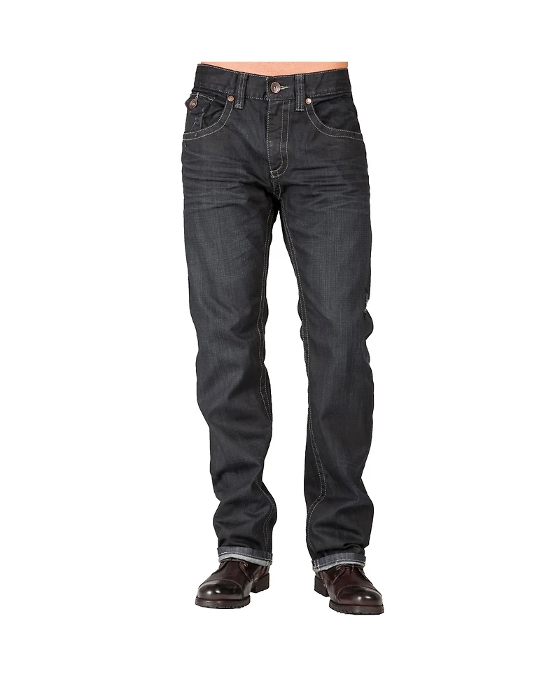 Level 7 Men's Relaxed Straight Leg Premium Denim Jeans Black Coated Throwback Style Zipper Trim Pockets