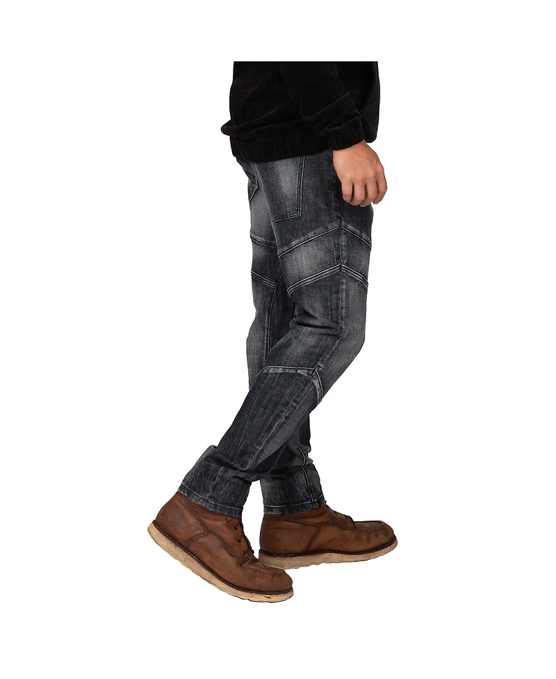 Men's Cut & Sewn Detail Curved Leg Slim Taper Moto Jeans