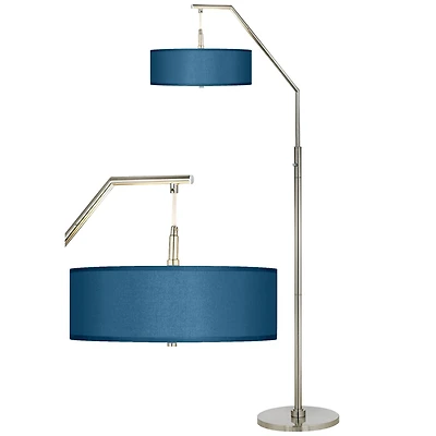 Modern Arc Floor Lamp Standing 71 1/2" Tall Brushed Nickel Silver Metal Blue Textured Faux Silk Fabric Shade Decor for Living Room Reading House Bedro