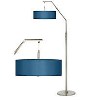 Modern Arc Floor Lamp Standing 71 1/2" Tall Brushed Nickel Silver Metal Blue Textured Faux Silk Fabric Shade Decor for Living Room Reading House Bedro