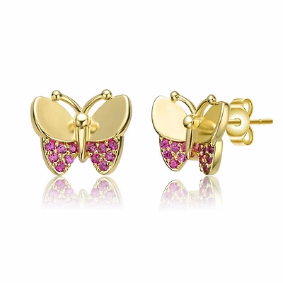 Children's 14k Gold Plated with Red Cubic Zirconia Pave Butterfly Stud Earrings