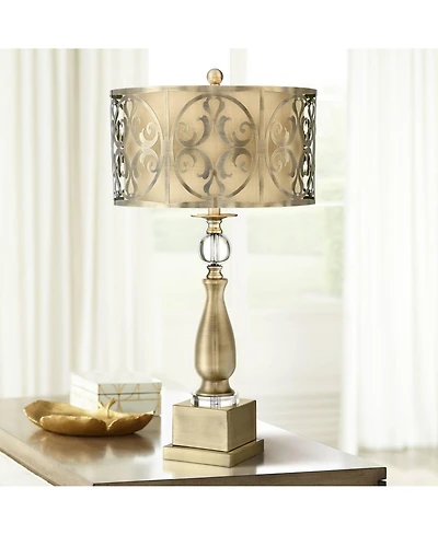Possini Euro Design Doris Traditional Table Lamp 30 1/2" Tall Brass Candlestick Openwork Double Drum Shades for Bedroom Living Room Bedside Night