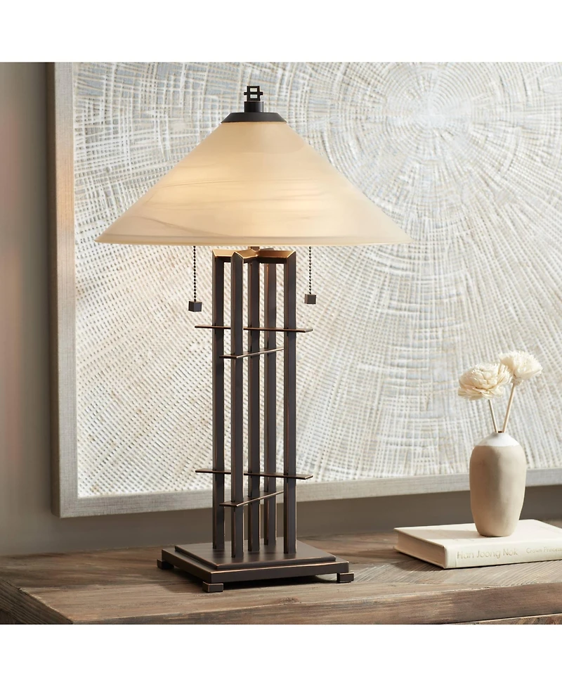 Franklin Iron Works Metro Mission Accent Table Lamp 23 1/2" High Bronze Cone Alabaster Art Glass Shade for Bedroom Living Room Bedside Nightstand